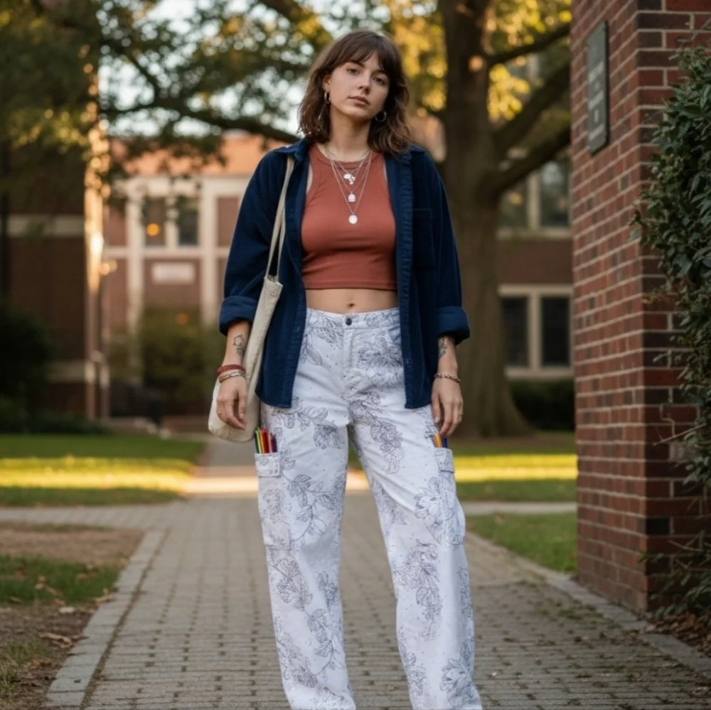 The Kit White Cotton Wide Leg Cargo Botanical Paint-By-Number Pants Sz 26